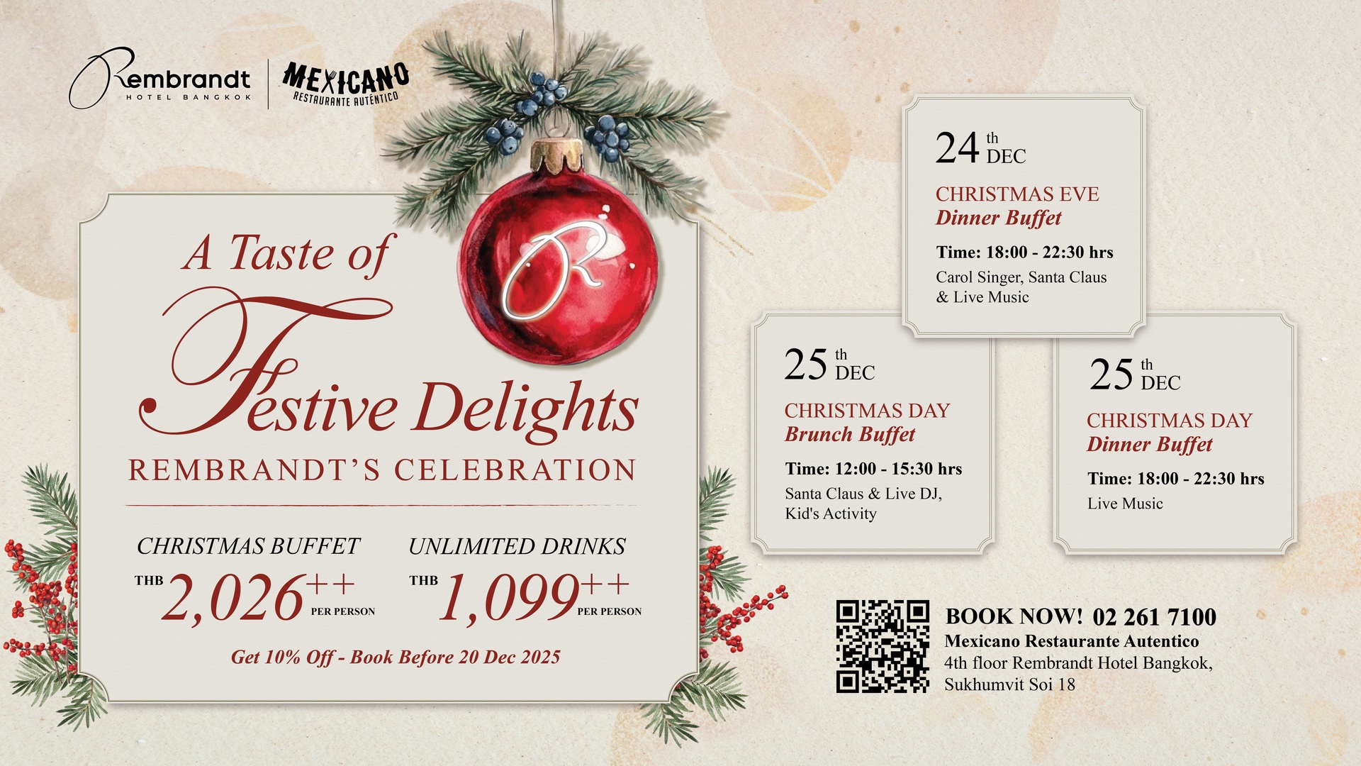 Enjoy the best Christmas buffet and New Year’s Eve dinner in Bangkok 2025 at Rembrandt Hotel Bangkok. Gala festive dining, premium seafood, live stations, live music, rooftop dining, and family-friendly celebrations.