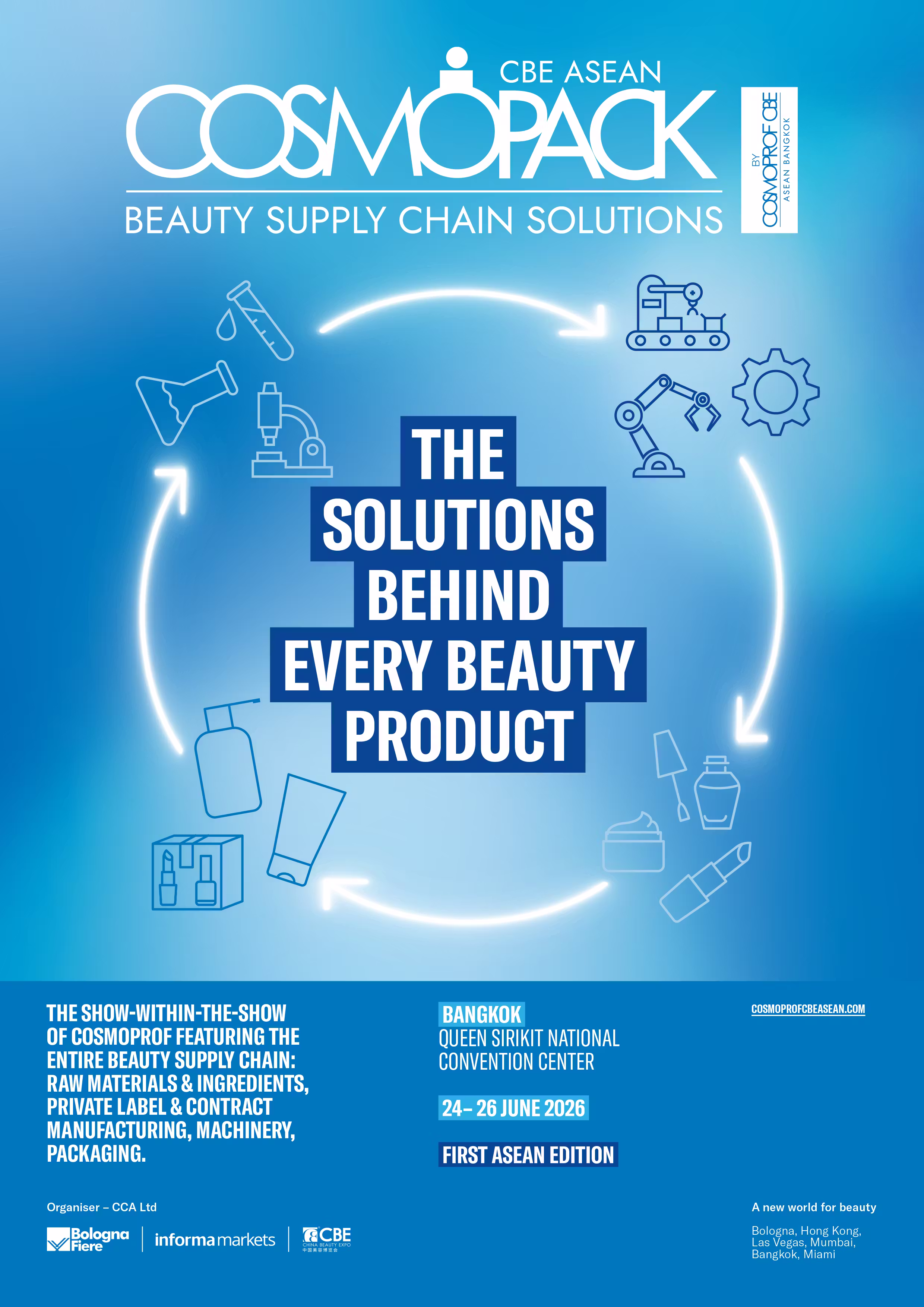 Cosmopack CBE ASEAN is a premier B2B international trade show and a "show within a show" dedicated specifically to the entire beauty supply chain in Southeast Asia. Making its official debut in June 2026 at the Queen Sirikit National Convention Center (QSNCC) in Bangkok, it complements the broader Cosmoprof CBE ASEAN exhibition by focusing on the manufacturing and development side of the beauty industry.The 1st edition of Cosmopack CBE ASEAN will take place at the Queen Sirikit National Convention Center in Bangkok, Thailand from 24 to 26 June, 2026.