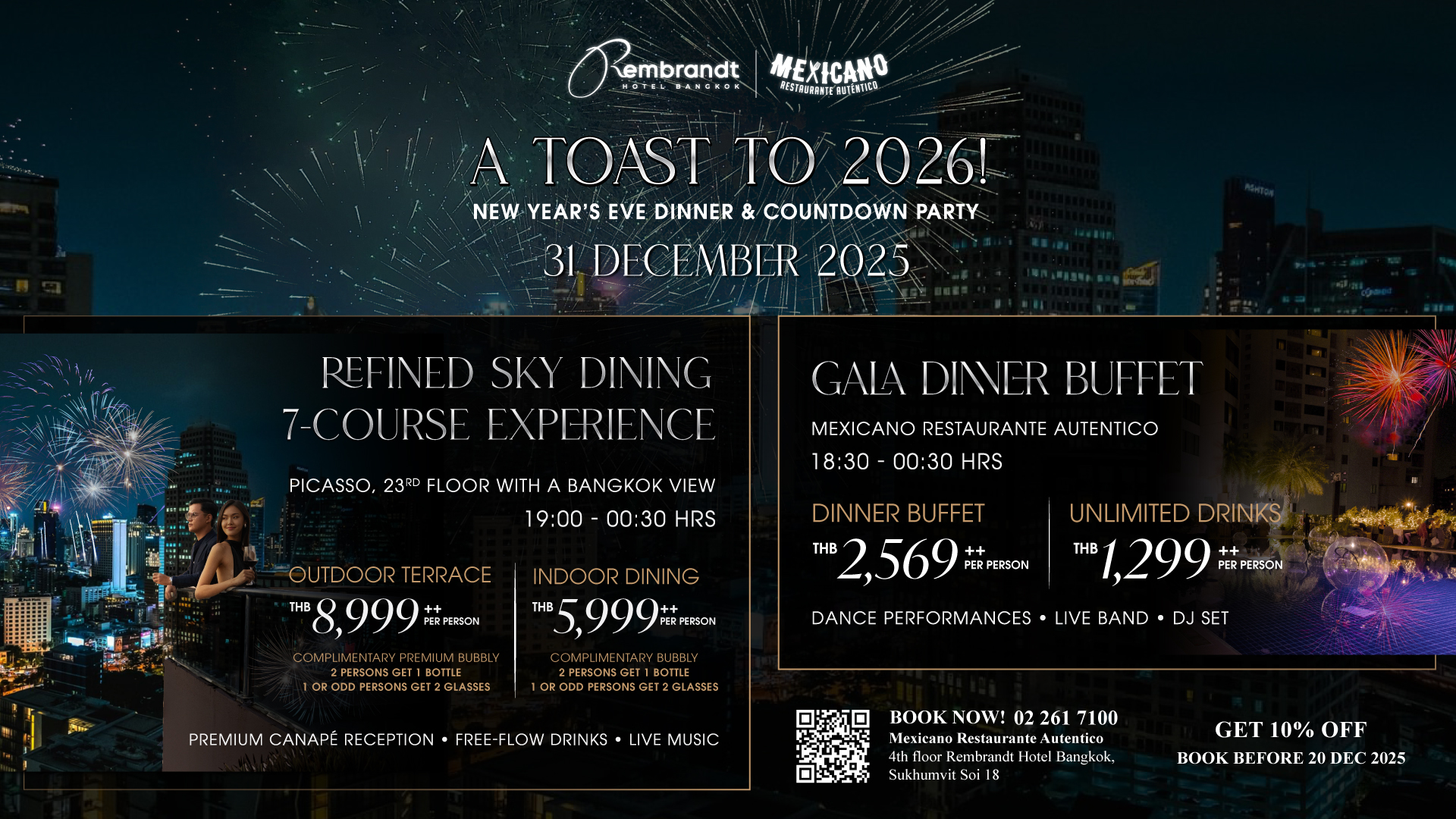 Enjoy the best Christmas buffet and New Year’s Eve dinner in Bangkok 2025 at Rembrandt Hotel Bangkok. Gala festive dining, premium seafood, live stations, live music, rooftop dining, and family-friendly celebrations.