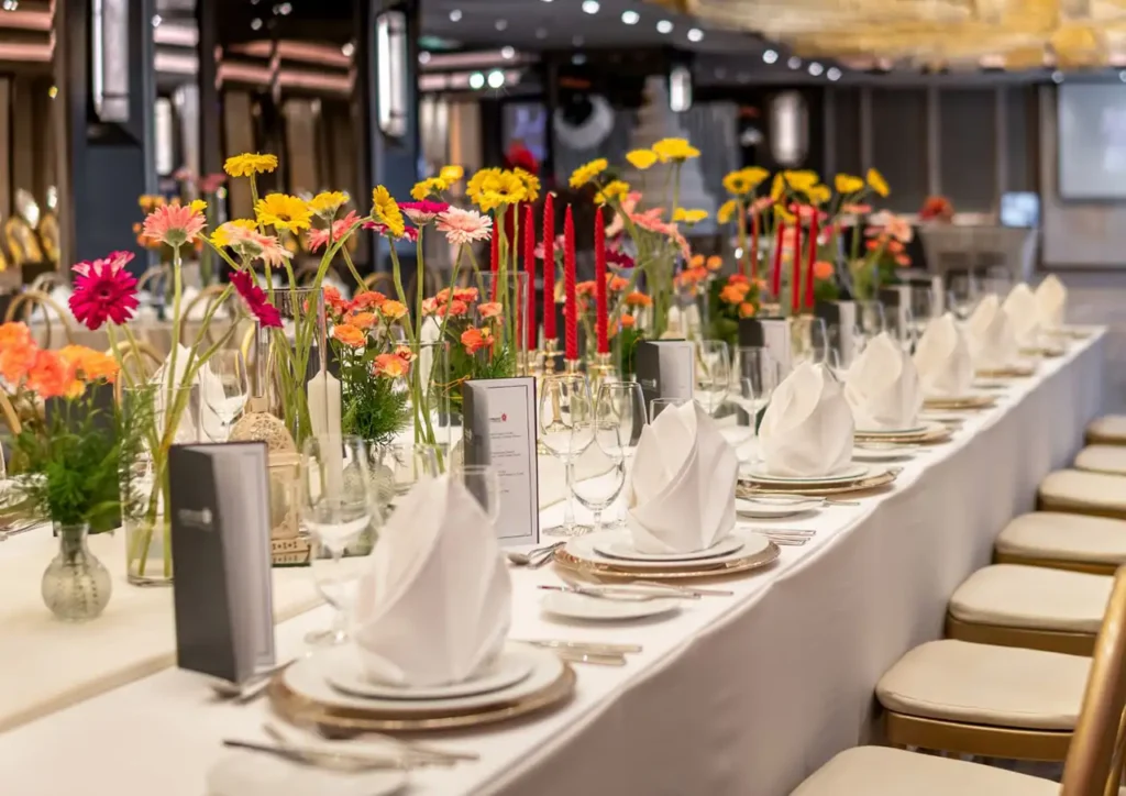 Wedding tables with floral decorations at Rembrandt Hotel Bangkok Sukhumvit