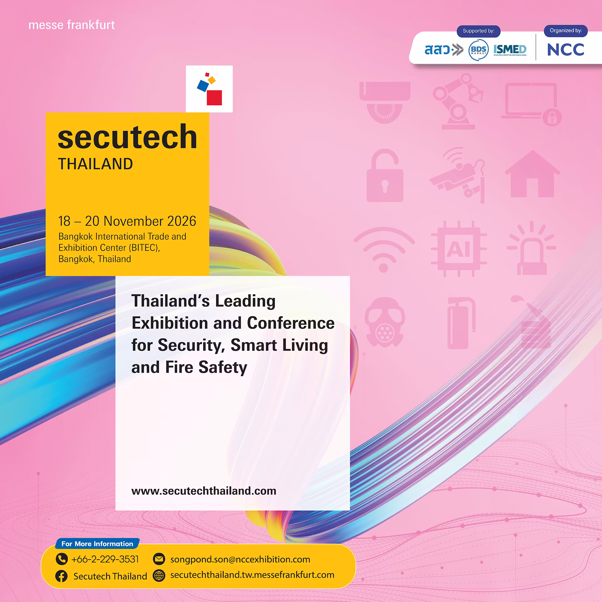 A dedicated business platform connecting security and fire safety solutions with smart city development. Taking place at the Queen Sirikit National Convention Center (QSNCC), Bangkok, the event focuses on commercial and industrial applications. Co-located with Thailand Smart City Expo, it creates strong industry synergy and access to a broader smart city ecosystem.