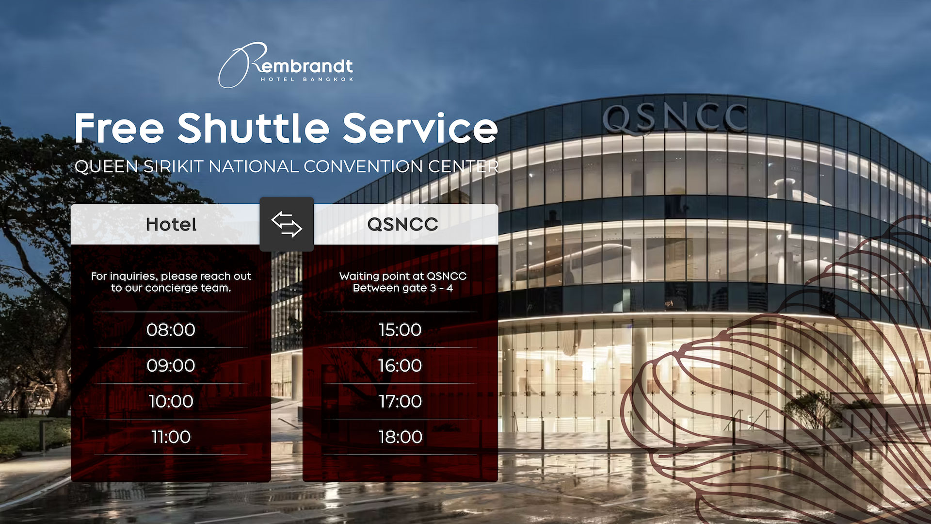 Rembrandt Hotel Bangkok free shuttle service to QSNCC with convenient pickup times for hotel guests.