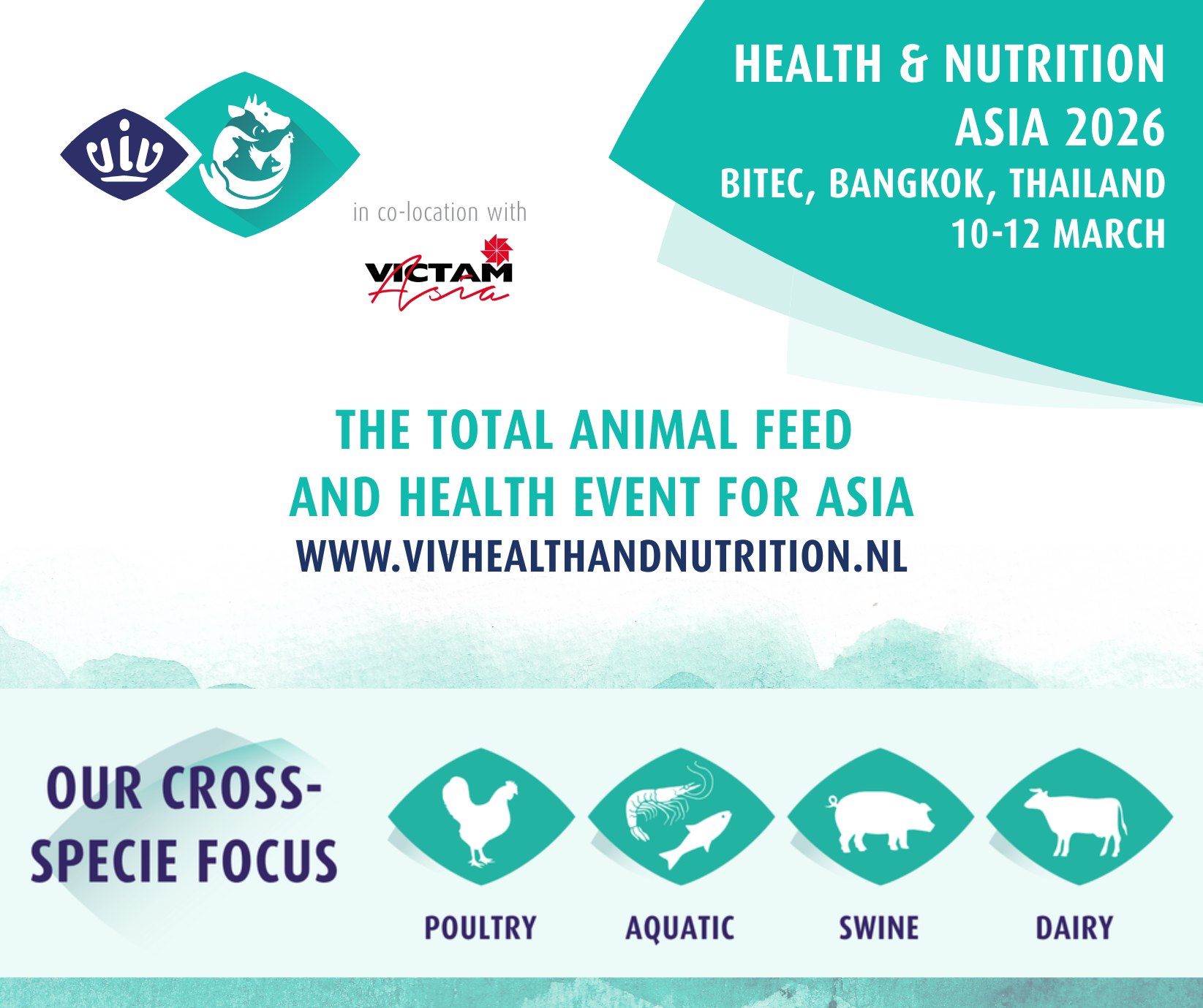 Health & Nutrition Asia in co-location with VICTAM Asia is a niche exhibition dedicated to the animal feed and health sector in Asia. The show is strategically located in Bangkok, the gateway to South East Asian agrifood production. The three day exhibition and conference will host over 350 exhibitors, showcasing the latest products and services that drive the sector to more sustainable methods of animal health solutions and feed production.