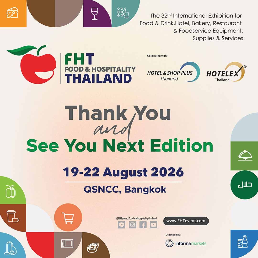 Food & Hospitality Thailand (FHT) 2026 enters its 32nd edition with the theme "All Sectors, One Destination," bringing together every corner of the food, drink, and hospitality industries under one roof. The event showcases world-class solutions, pioneering products, and the latest technologies, creating opportunities for collaboration and growth across all sectors. This dynamic platform is where innovation thrives, ideas spark, and businesses connect—driving the industry forward and strengthening Thailand's position as a regional hub for excellence in food and hospitality.